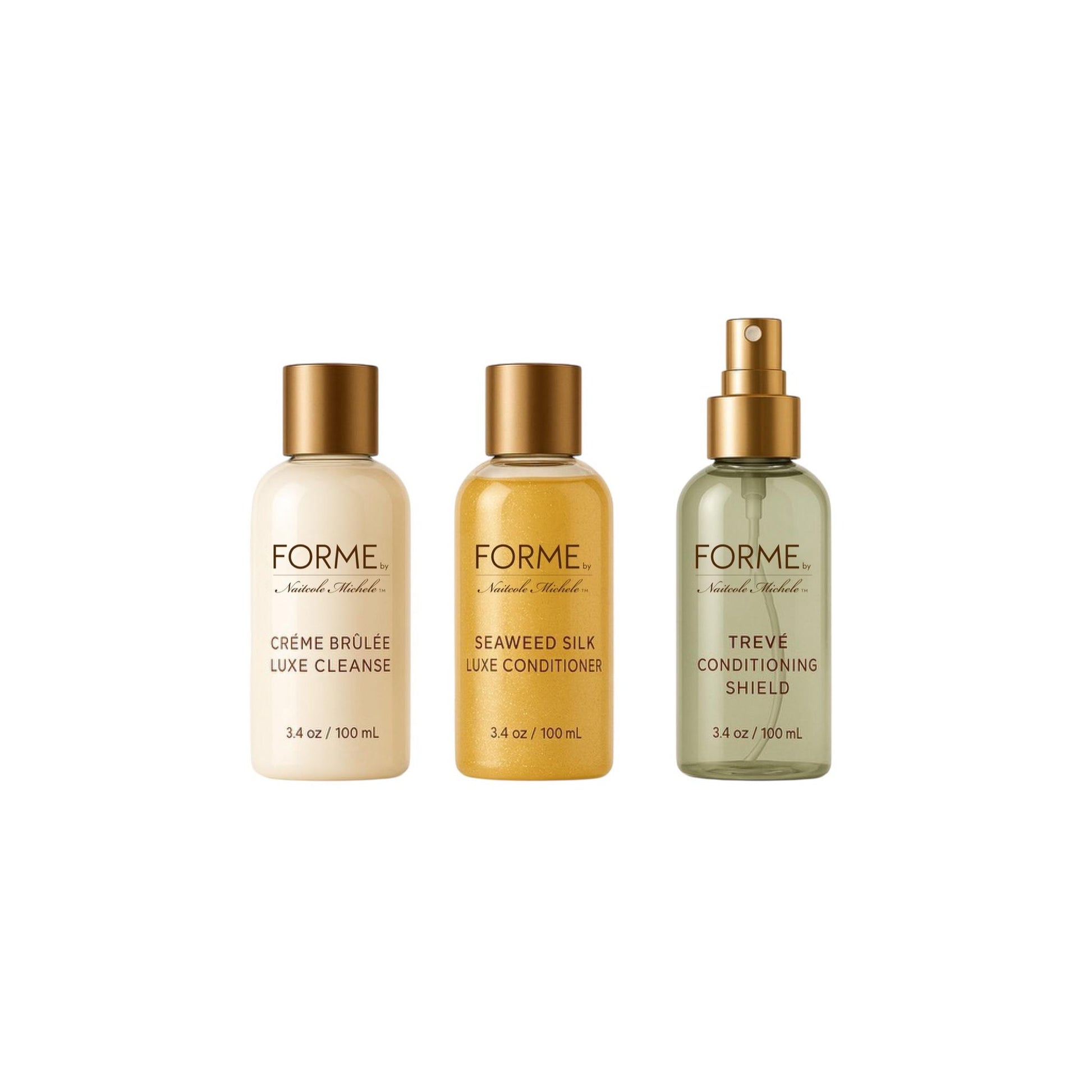 Luxe Trio haircare set by FORME by Naitcole Michele – seasonal, limited edition, Crème Brûlée Luxe Cleanse, Seaweed Silk Luxe Conditioner, Trevé Conditioning Spray